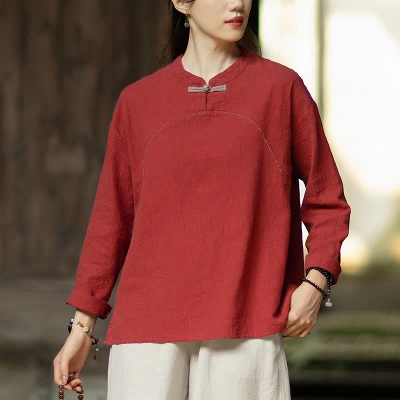 Buddha Stones Spring Fall Casual Tang Style Frog Button Solid Ramie Women's Long Sleeve Shirts With Pocket - FireBrick - US4-6,UK/AU8-10,EU36-38 (F) - image 10