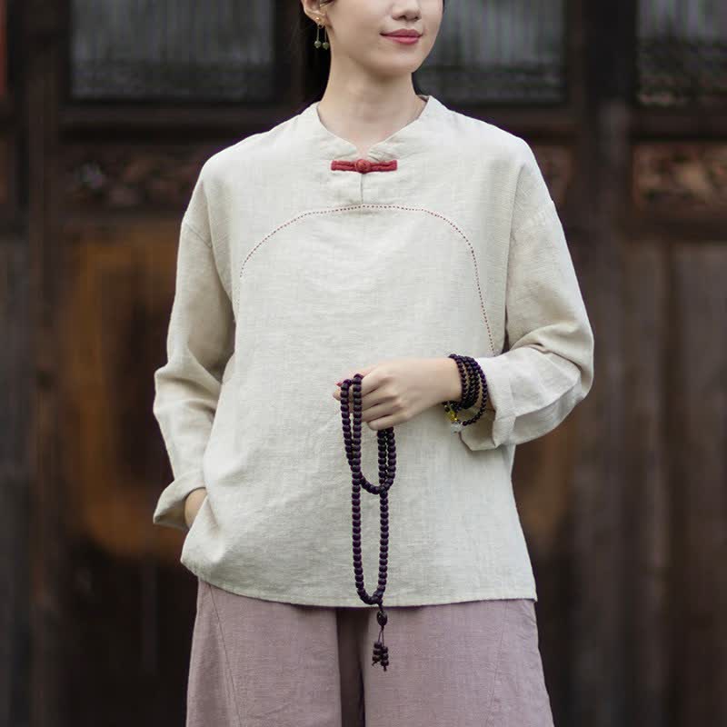 Buddha Stones Spring Fall Casual Tang Style Frog Button Solid Ramie Women's Long Sleeve Shirts With Pocket - Beige - US4-6,UK/AU8-10,EU36-38 (F) - image 0
