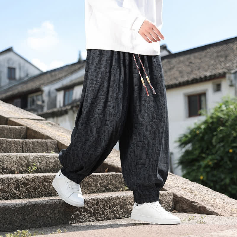 Buddha Stones Fall Winter Casual Vintage Drawstring Geometric Ankle Pants Men's Harem Pants With Pocket - Black - US/UK/AU54,EU64 (9XL) - image 0