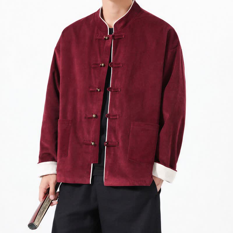 Buddha Stones Fall Winter Casual Tang Style Frog Button Solid Corduroy Men's Jackets With Pocket - Maroon - US/UK/AU46,EU56 (5XL) - image 6