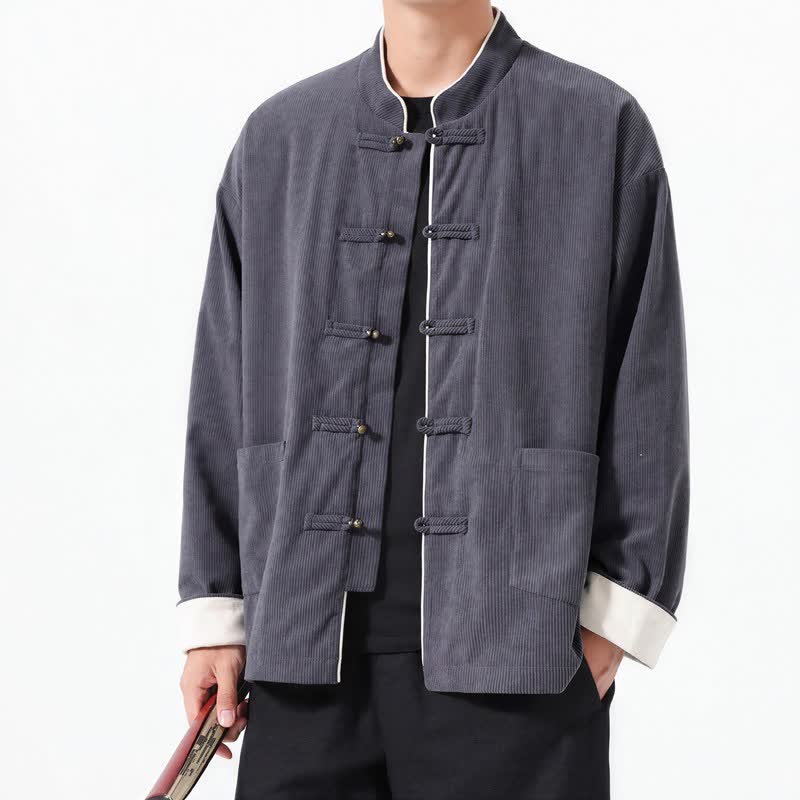 Buddha Stones Fall Winter Casual Tang Style Frog Button Solid Corduroy Men's Jackets With Pocket - DimGray - US/UK/AU46,EU56 (5XL) - image 0