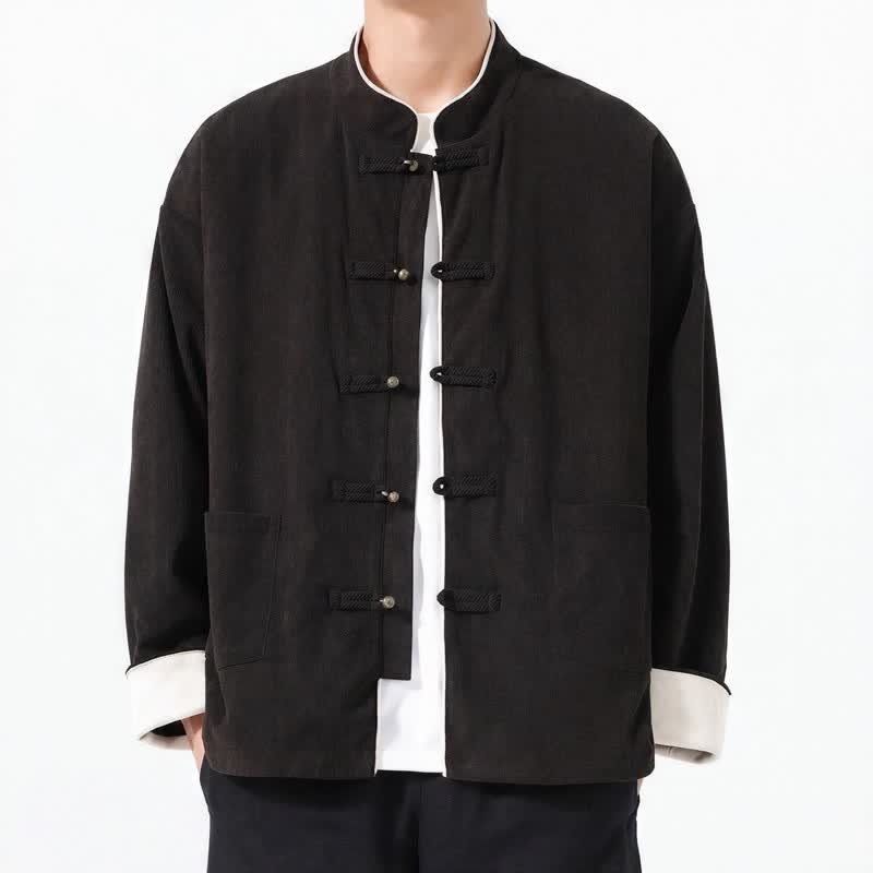 Buddha Stones Fall Winter Casual Tang Style Frog Button Solid Corduroy Men's Jackets With Pocket - Black - US/UK/AU46,EU56 (5XL) - image 10