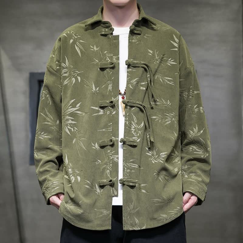 Buddha Stones Fall Winter Casual Tang Style Frog Button Floral Corduroy Men's Long Sleeve Shirts With Pocket - DarkOliveGreen - US/UK/AU46,EU56 (5XL) - image 0