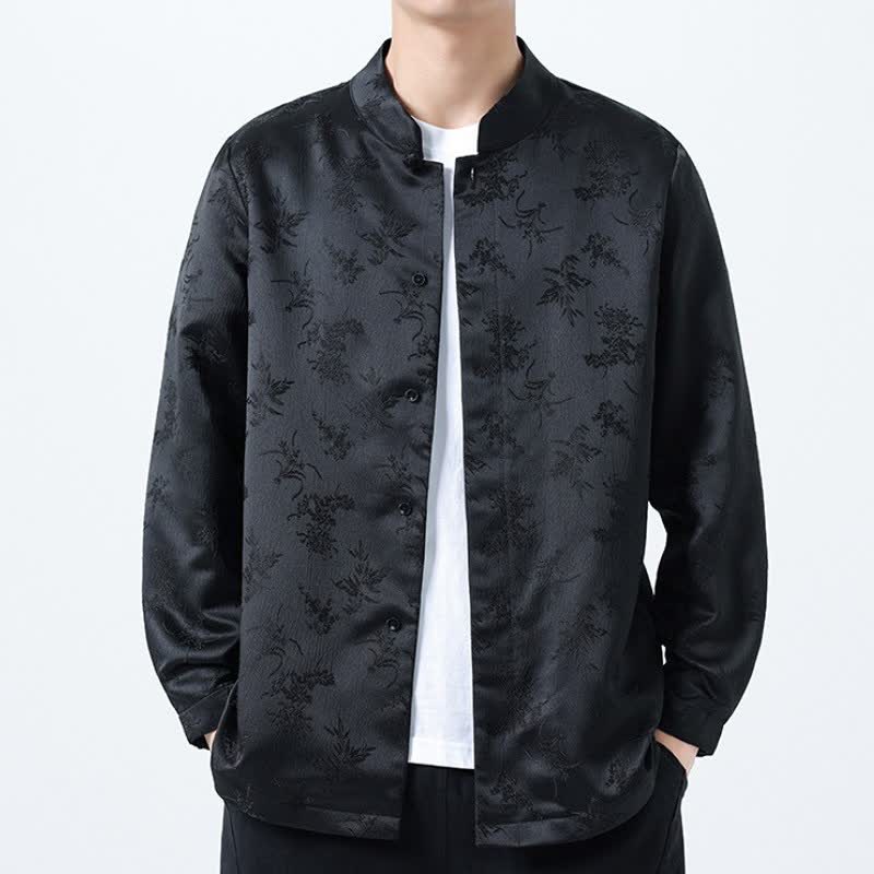 Buddha Stones Fall Winter Tang Style Elegant Mandarin Collar Floral Men's Long Sleeve Shirts With Pocket - Black - US/UK/AU46,EU56 (5XL) - image 0