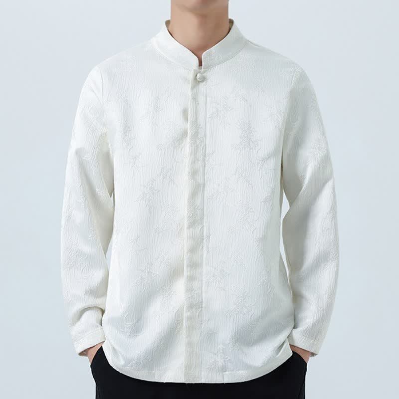 Buddha Stones Fall Winter Tang Style Elegant Mandarin Collar Floral Men's Long Sleeve Shirts With Pocket - WhiteSmoke - US/UK/AU46,EU56 (5XL) - image 9