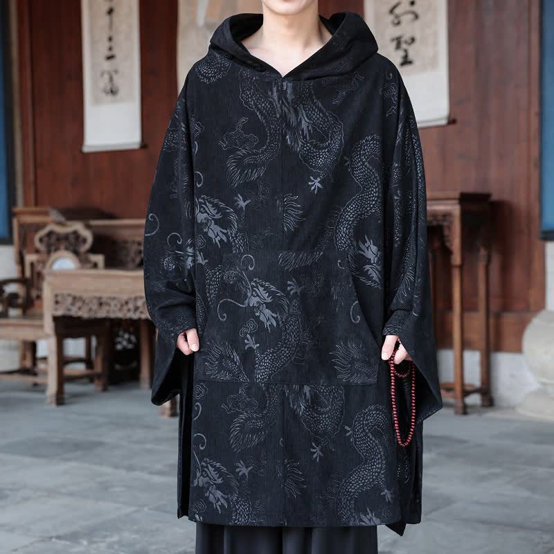 Buddha Stones Fall Winter Vintage Tang Style Corduroy Men's Long Sleeve Hoodies - Black - US/UK/AU50,EU60 (5XL) - image 0