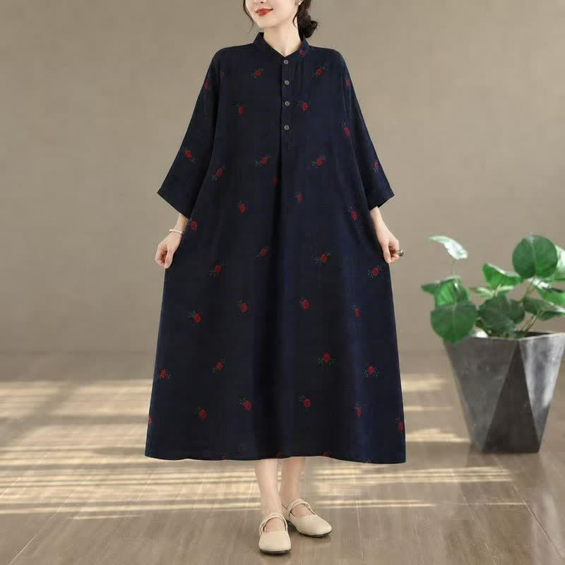 Buddha Stones Spring Summer Tang Style Vintage Mandarin Collar Floral Women's Long Sleeve Dresses With Pockets - image 2