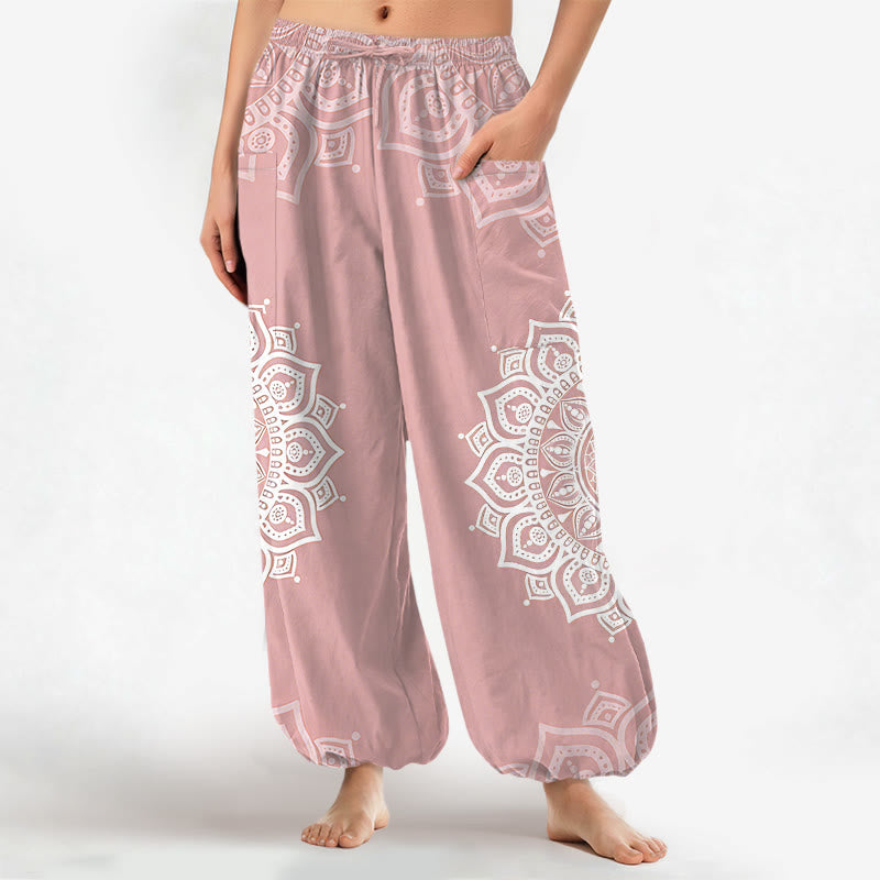 Buddha Stones Cotton Boho White Mandala Pattern Women's Elastic Waist Harem Pants With Side Pockets - LightPink - US16,UK/AU20,EU48 (3XL) - image 0