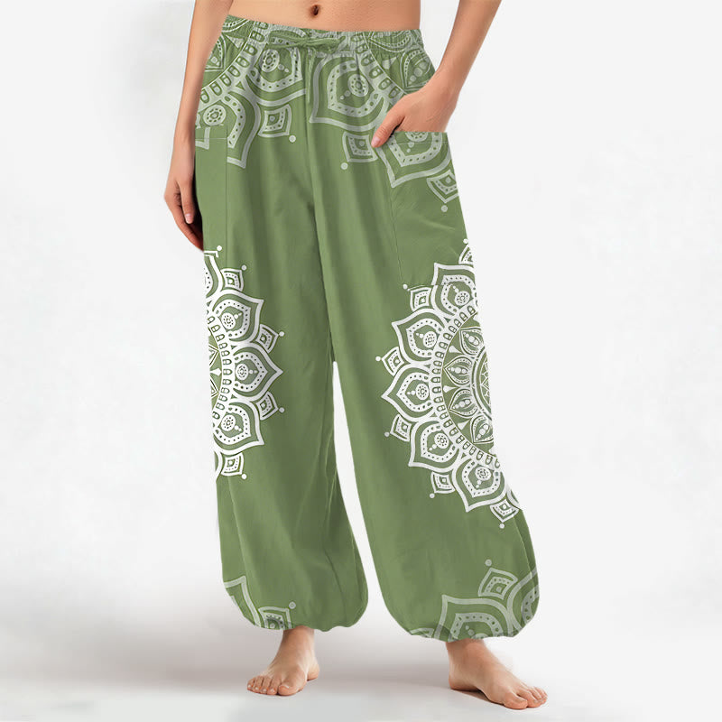 Buddha Stones Cotton Boho White Mandala Pattern Women's Elastic Waist Harem Pants With Side Pockets - DarkSeaGreen - US16,UK/AU20,EU48 (3XL) - image 7