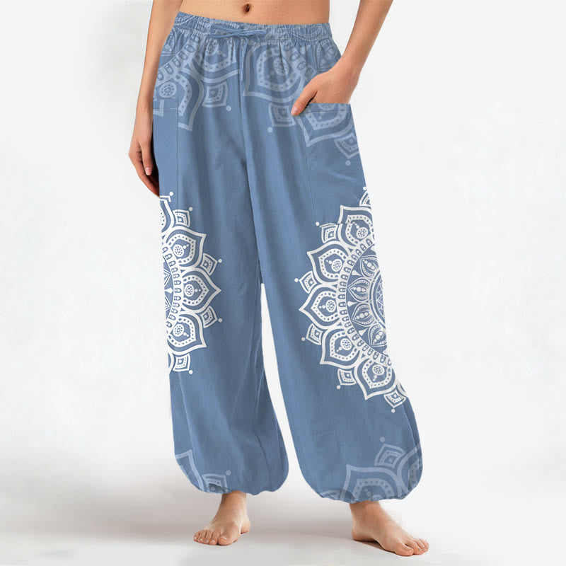 Buddha Stones Cotton Boho White Mandala Pattern Women's Elastic Waist Harem Pants With Side Pockets - LightSteelBlue - US16,UK/AU20,EU48 (3XL) - image 10