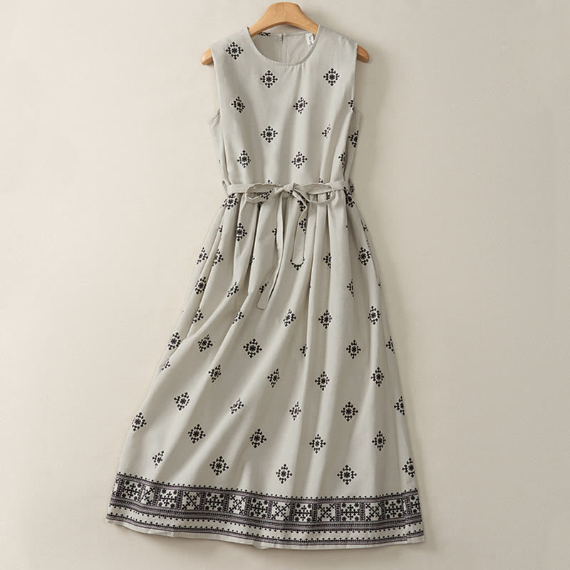 Buddha Stones Summer Boho Drawstring Geometric Print Women's Summer Sleeveless Dress With Pockets - Gainsboro - US12,UK/AU16,EU44 (2XL) - image 0