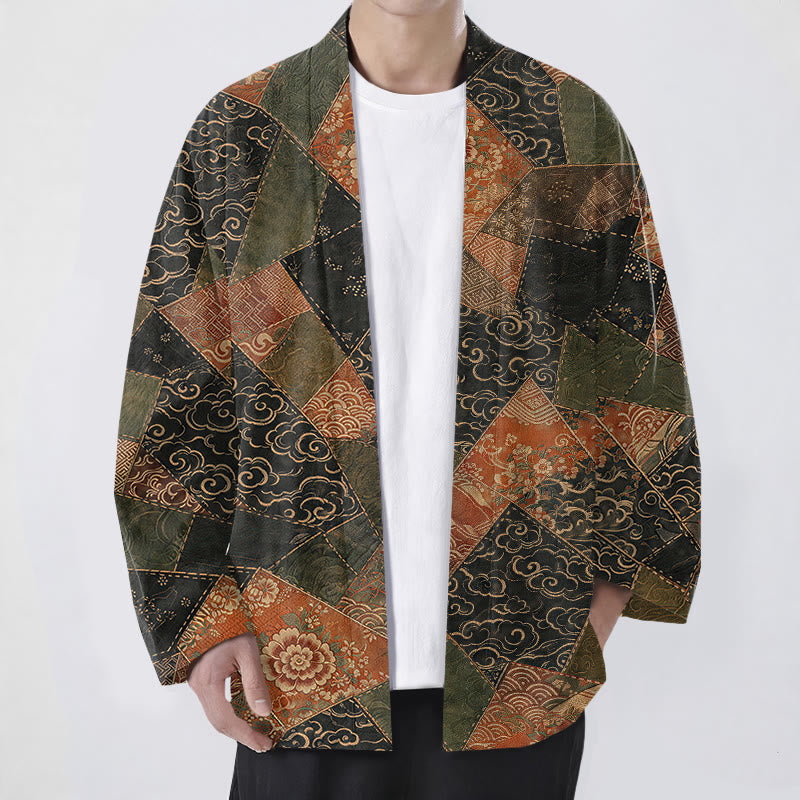 Buddha Stones Cotton Vintage Patchwork Waves Pattern Open Front Men's Kimono - Black - US/UK/AU48,EU58 (4XL) - image 0