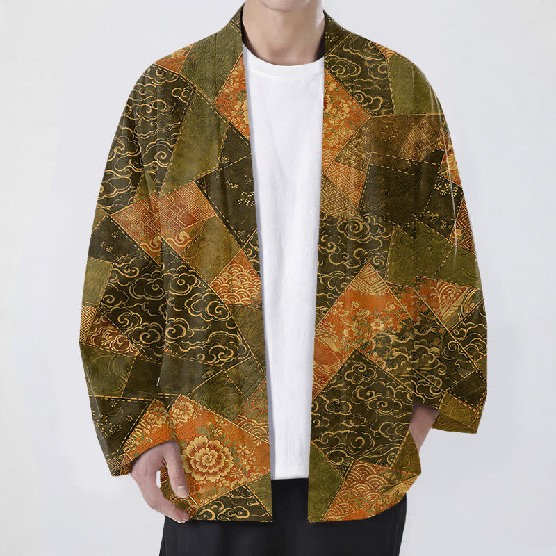 Buddha Stones Cotton Vintage Patchwork Waves Pattern Open Front Men's Kimono - DarkOliveGreen - US/UK/AU48,EU58 (4XL) - image 6
