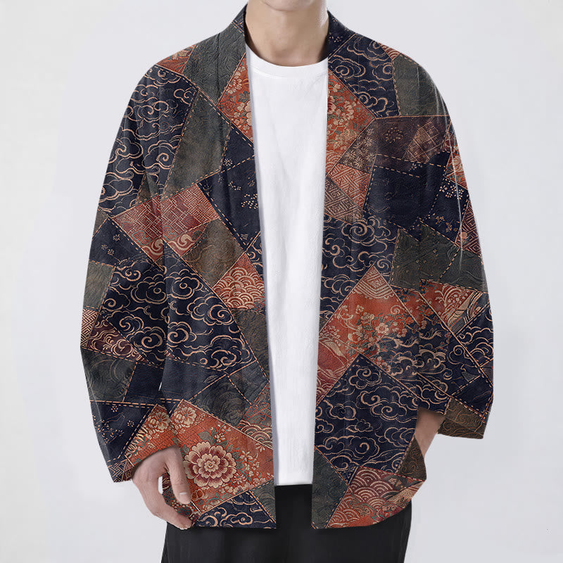 Buddha Stones Cotton Vintage Patchwork Waves Pattern Open Front Men's Kimono - Navy - US/UK/AU48,EU58 (4XL) - image 9