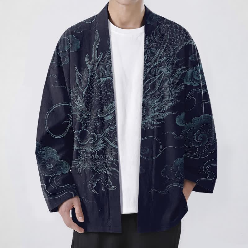 Buddha Stones Cotton Ancient Dragon Mist Pattern Open Front Men's Kimono - Navy - US/UK/AU48,EU58 (4XL) - image 0