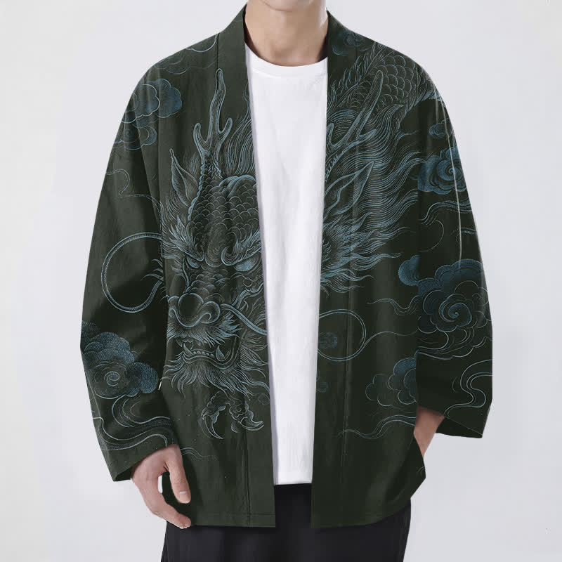 Buddha Stones Cotton Ancient Dragon Mist Pattern Open Front Men's Kimono - DarkGreen - US/UK/AU48,EU58 (4XL) - image 6