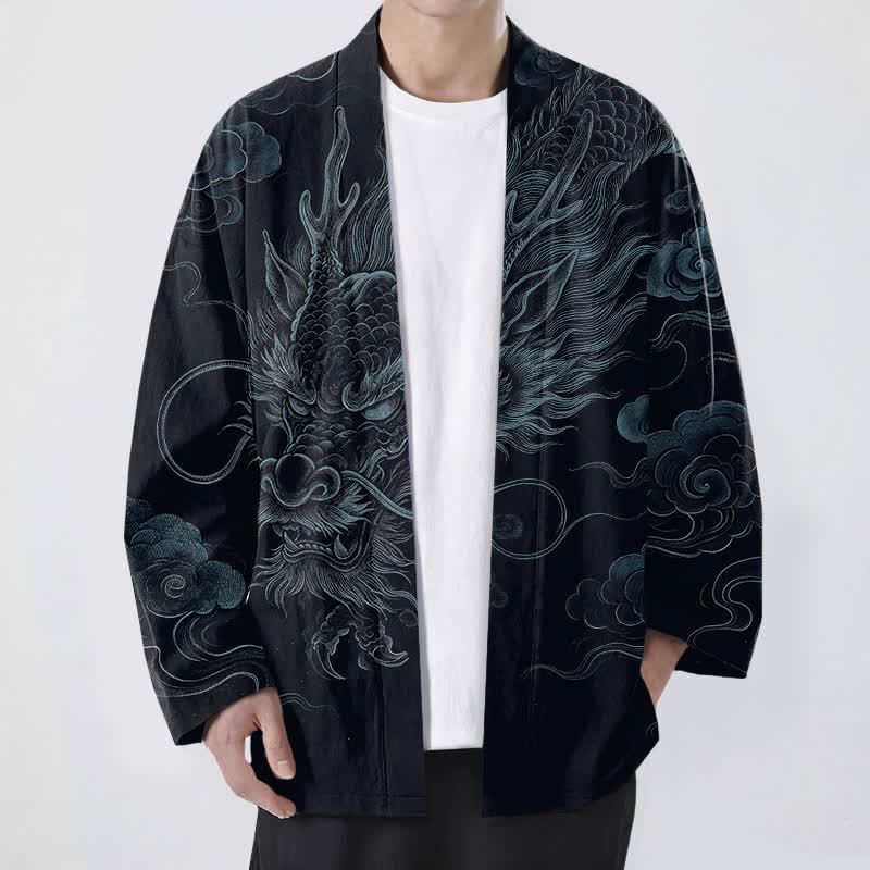 Buddha Stones Cotton Ancient Dragon Mist Pattern Open Front Men's Kimono - Black - US/UK/AU48,EU58 (4XL) - image 9