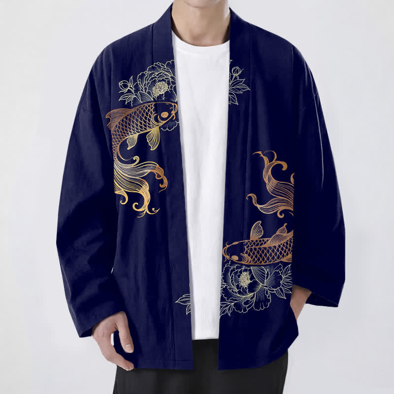 Buddha Stones Cotton Twin Koi Blossom Pattern Open Front Men's Kimono - Navy - US/UK/AU48,EU58 (4XL) - image 0