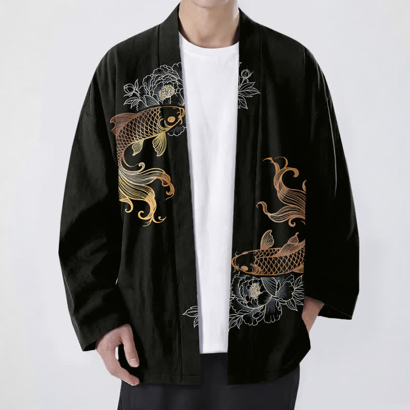 Buddha Stones Cotton Twin Koi Blossom Pattern Open Front Men's Kimono - Black - US/UK/AU48,EU58 (4XL) - image 6