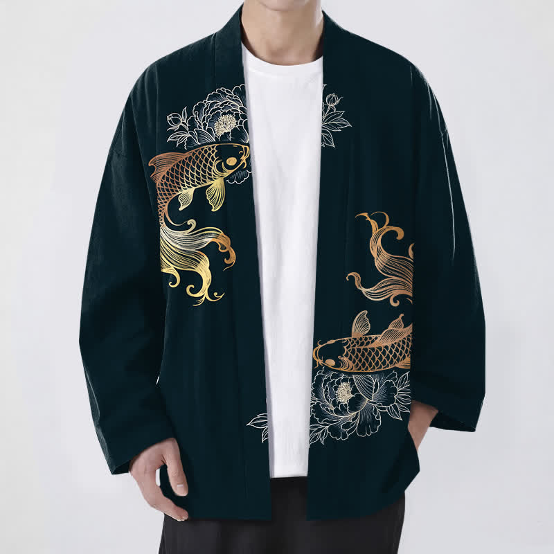 Buddha Stones Cotton Twin Koi Blossom Pattern Open Front Men's Kimono - DarkSlateGray - US/UK/AU48,EU58 (4XL) - image 9
