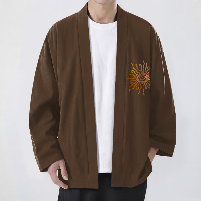Buddha Stones Cotton Golden Sunburst Pattern Open Front Men's Kimono - SaddleBrown - US/UK/AU48,EU58 (4XL) - image 6