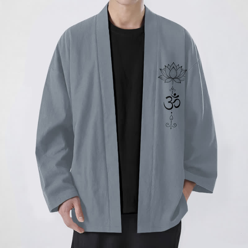 Buddha Stones Cotton Zen Lotus Pattern Open Front Men's Kimono - SlateGray - US/UK/AU48,EU58 (4XL) - image 0