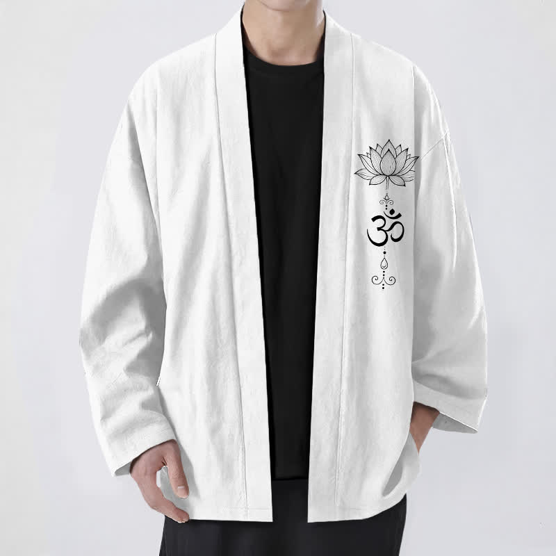 Buddha Stones Cotton Zen Lotus Pattern Open Front Men's Kimono - White - US/UK/AU48,EU58 (4XL) - image 9