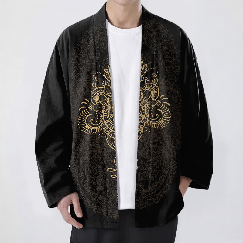 Buddha Stones Cotton Symmetrical Floral Mandala Pattern Open Front Men's Kimono - Black - US/UK/AU48,EU58 (4XL) - image 0