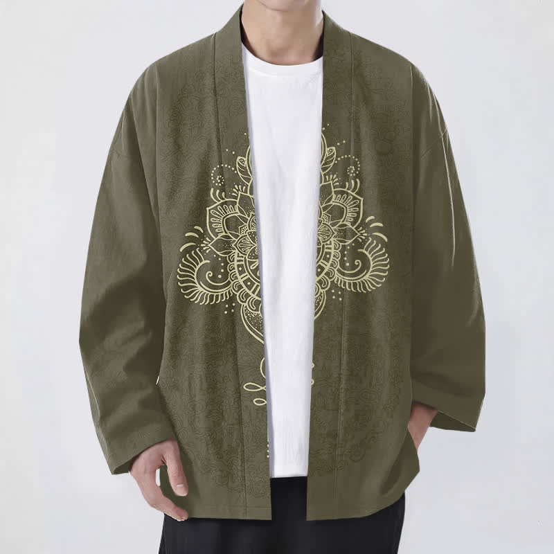 Buddha Stones Cotton Symmetrical Floral Mandala Pattern Open Front Men's Kimono - Olive - US/UK/AU48,EU58 (4XL) - image 6