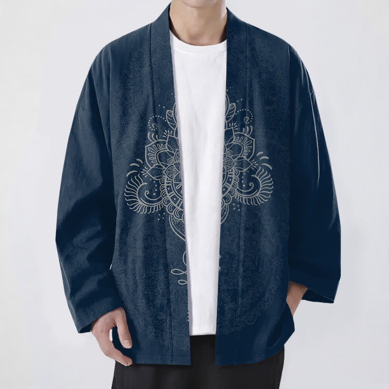 Buddha Stones Cotton Symmetrical Floral Mandala Pattern Open Front Men's Kimono - Navy - US/UK/AU48,EU58 (4XL) - image 9