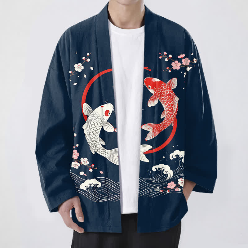 Buddha Stones Cotton Twin Koi Sakura Waves Pattern Open Front Men's Kimono - Navy - US/UK/AU48,EU58 (4XL) - image 0