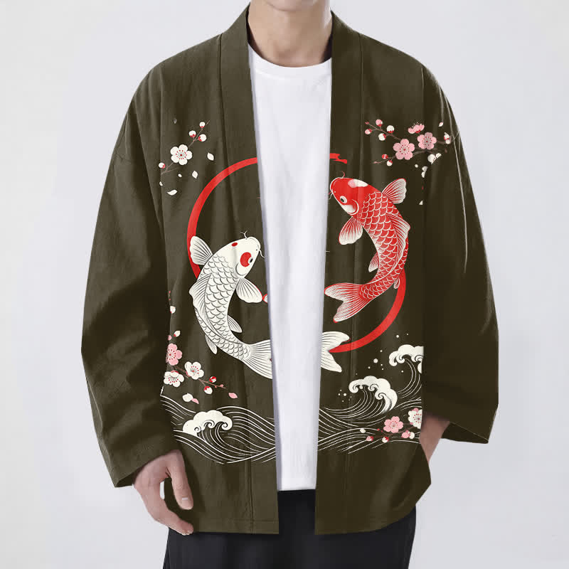 Buddha Stones Cotton Twin Koi Sakura Waves Pattern Open Front Men's Kimono - Olive - US/UK/AU48,EU58 (4XL) - image 6