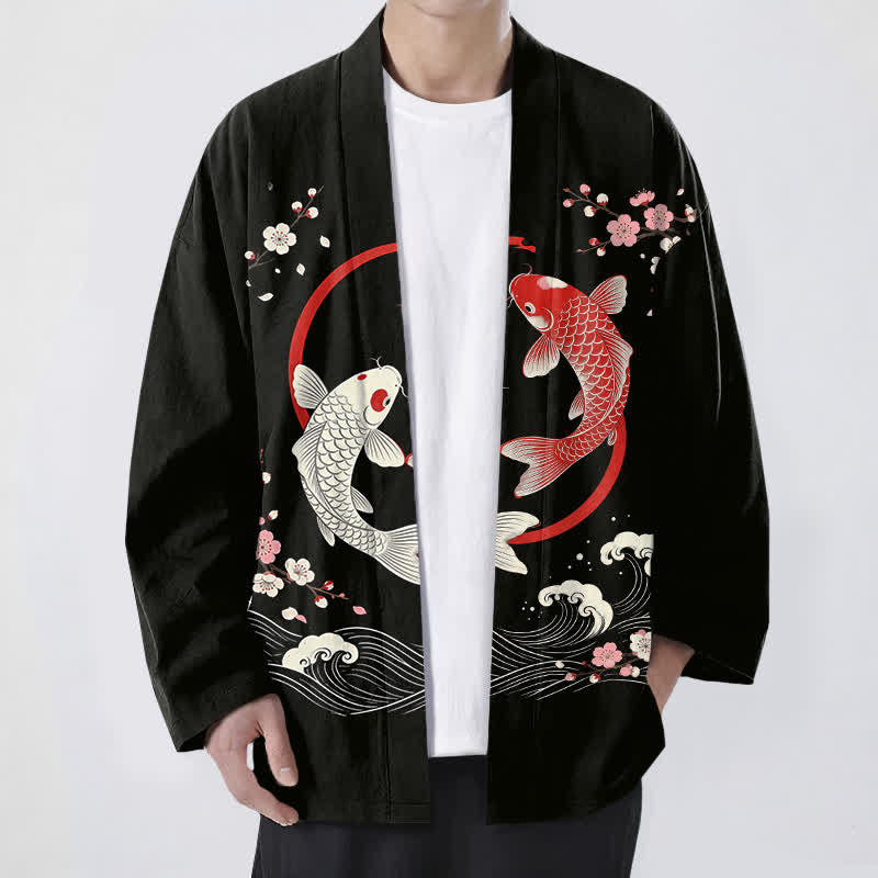 Buddha Stones Cotton Twin Koi Sakura Waves Pattern Open Front Men's Kimono - Black - US/UK/AU48,EU58 (4XL) - image 9