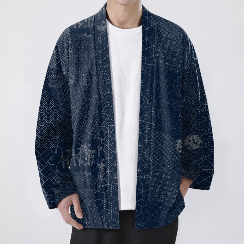 Buddha Stones Cotton Seigaiha Asanoha Pattern Open Front Men's Kimono - Navy - US/UK/AU48,EU58 (4XL) - image 0