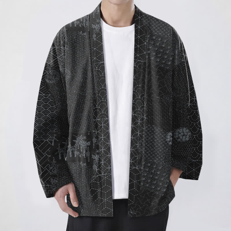 Buddha Stones Cotton Seigaiha Asanoha Pattern Open Front Men's Kimono - Black - US/UK/AU48,EU58 (4XL) - image 6