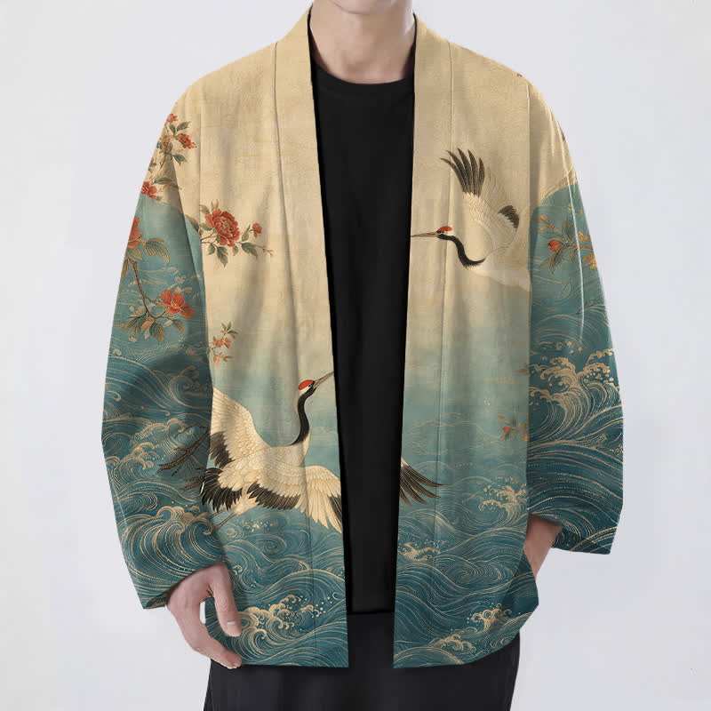 Buddha Stones Cotton White Crane Floral Waves Pattern Open Front Men's Kimono - Teal - US/UK/AU48,EU58 (4XL) - image 0