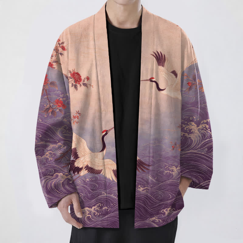 Buddha Stones Cotton White Crane Floral Waves Pattern Open Front Men's Kimono - MediumPurple - US/UK/AU48,EU58 (4XL) - image 6