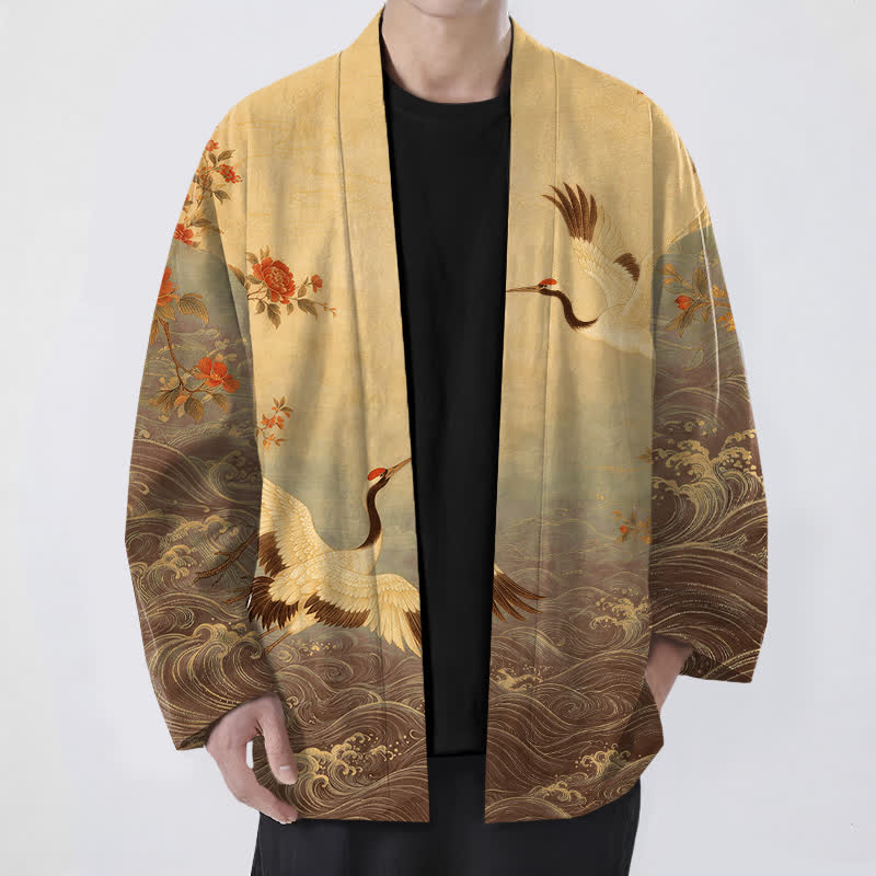 Buddha Stones Cotton White Crane Floral Waves Pattern Open Front Men's Kimono - DarkGoldenrod - US/UK/AU48,EU58 (4XL) - image 9