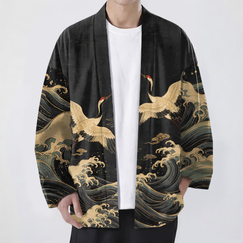 Buddha Stones Cotton Golden Crane Rolling Waves Pattern Open Front Men's Kimono - Black - US/UK/AU48,EU58 (4XL) - image 0