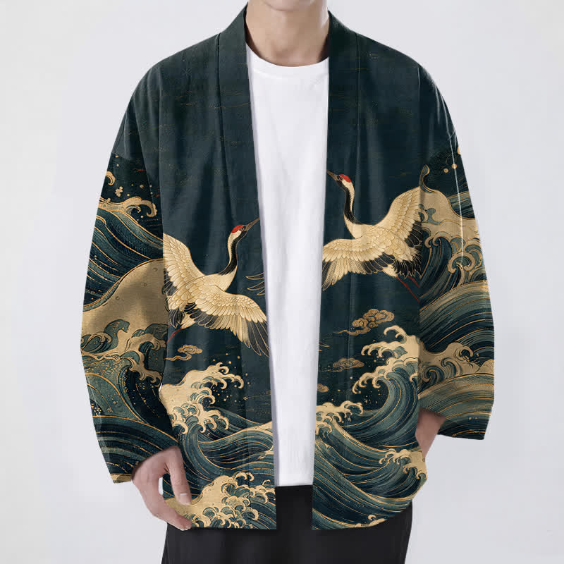 Buddha Stones Cotton Golden Crane Rolling Waves Pattern Open Front Men's Kimono - Navy - US/UK/AU48,EU58 (4XL) - image 6