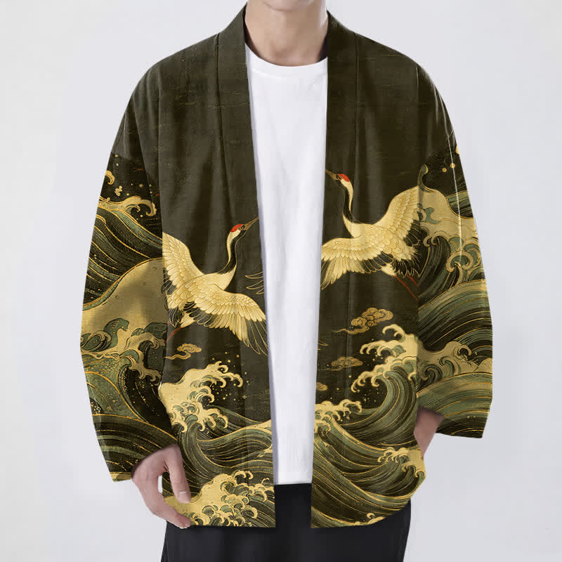 Buddha Stones Cotton Golden Crane Rolling Waves Pattern Open Front Men's Kimono - Olive - US/UK/AU48,EU58 (4XL) - image 9