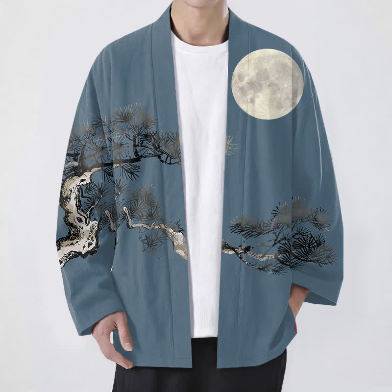 Buddha Stones Cotton Full Moon Pine Tree Pattern Open Front Men's Kimono - SteelBlue - US/UK/AU48,EU58 (4XL) - image 0