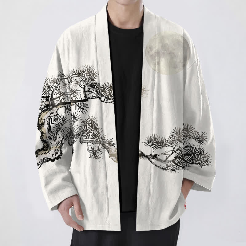 Buddha Stones Cotton Full Moon Pine Tree Pattern Open Front Men's Kimono - Ivory - US/UK/AU48,EU58 (4XL) - image 6