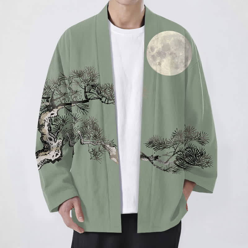 Buddha Stones Cotton Full Moon Pine Tree Pattern Open Front Men's Kimono - DarkSeaGreen - US/UK/AU48,EU58 (4XL) - image 9