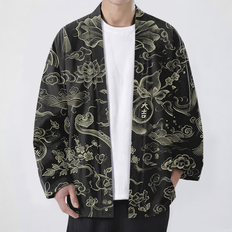 Buddha Stones Cotton Lotus Cloud Linework Pattern Open Front Men's Kimono - Black - US/UK/AU48,EU58 (4XL) - image 0