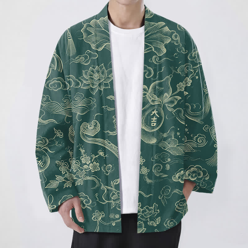 Buddha Stones Cotton Lotus Cloud Linework Pattern Open Front Men's Kimono - SeaGreen - US/UK/AU48,EU58 (4XL) - image 6