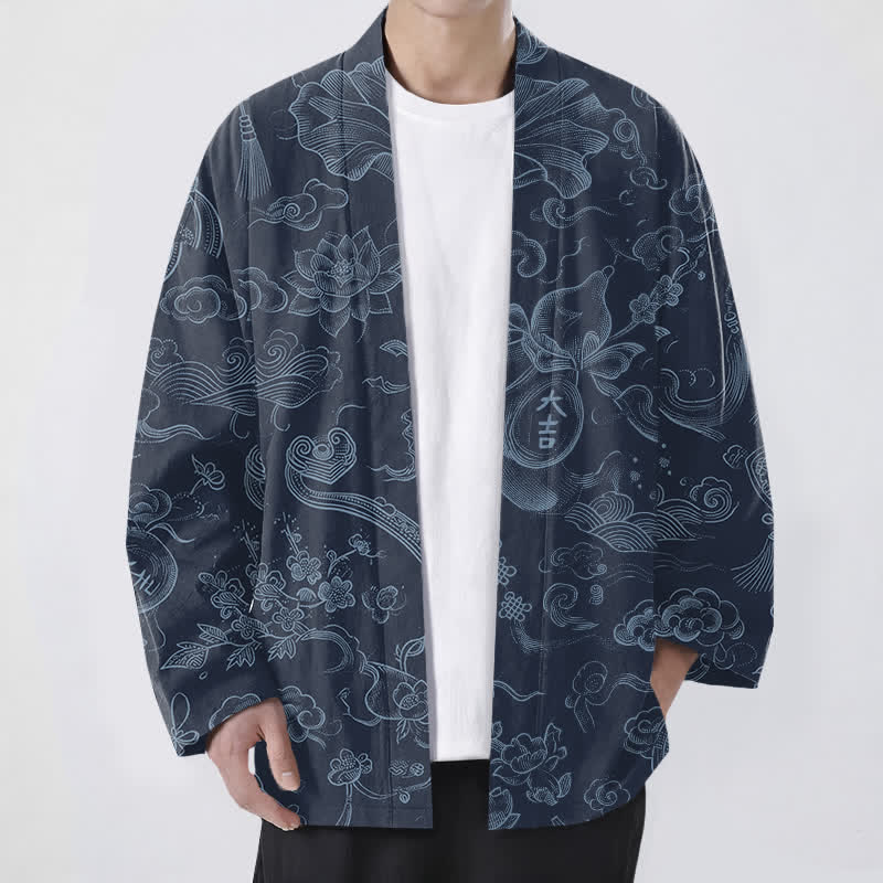 Buddha Stones Cotton Lotus Cloud Linework Pattern Open Front Men's Kimono - Navy - US/UK/AU48,EU58 (4XL) - image 9