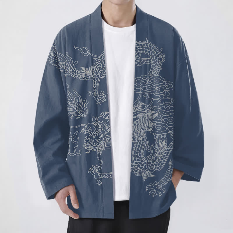 Buddha Stones Cotton White Dragon Cloud Pattern Open Front Men's Kimono - SteelBlue - US/UK/AU48,EU58 (4XL) - image 0