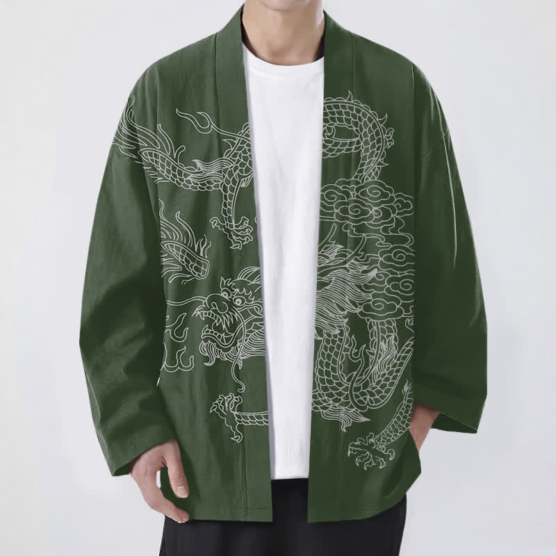 Buddha Stones Cotton White Dragon Cloud Pattern Open Front Men's Kimono - DarkGreen - US/UK/AU48,EU58 (4XL) - image 6