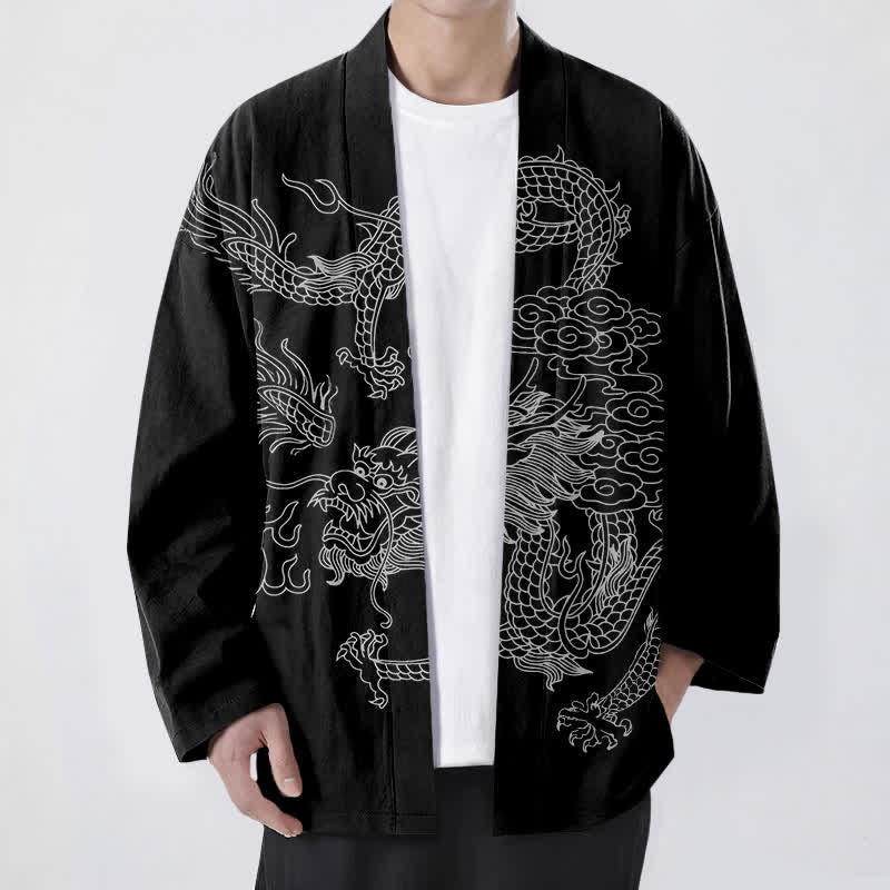 Buddha Stones Cotton White Dragon Cloud Pattern Open Front Men's Kimono - Black - US/UK/AU48,EU58 (4XL) - image 9